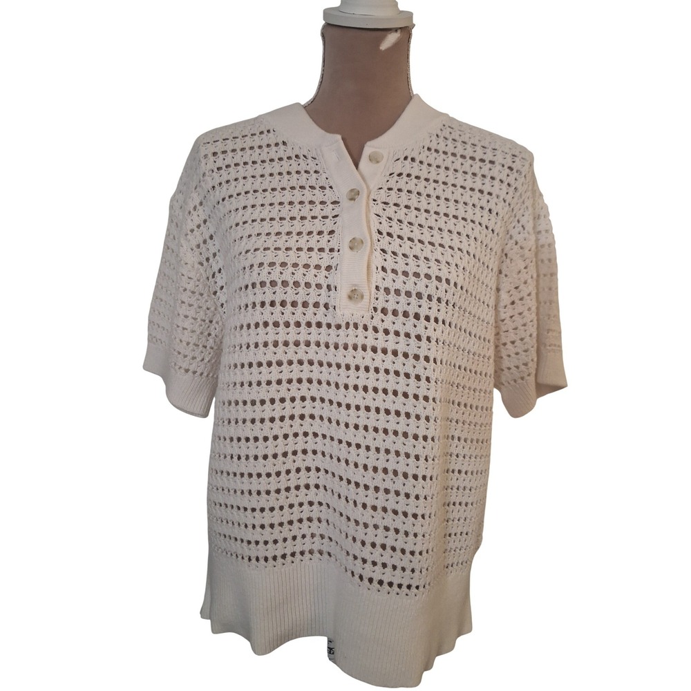 Sonoma Goods For Life White Crochet Knit Henley Short Sleeve Sweater Top Large